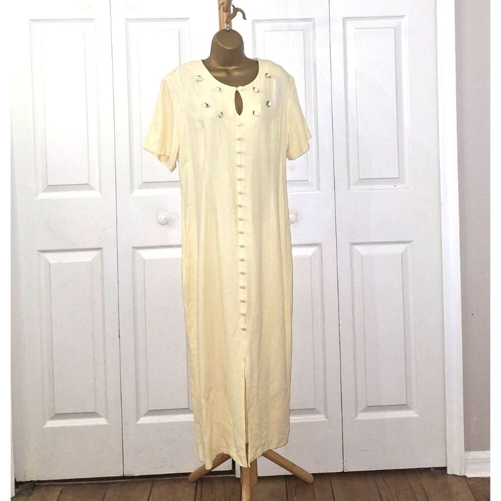 Vintage 80's Butter Yellow Midi Dress Fitted Sheath Med Lg Ribbon Rosettes Guest